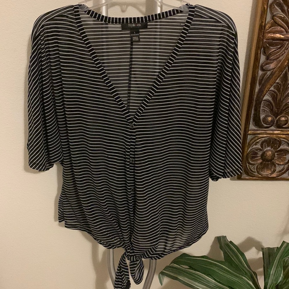 Style & Vo. Black w/white striped thin blouse with tie lower front